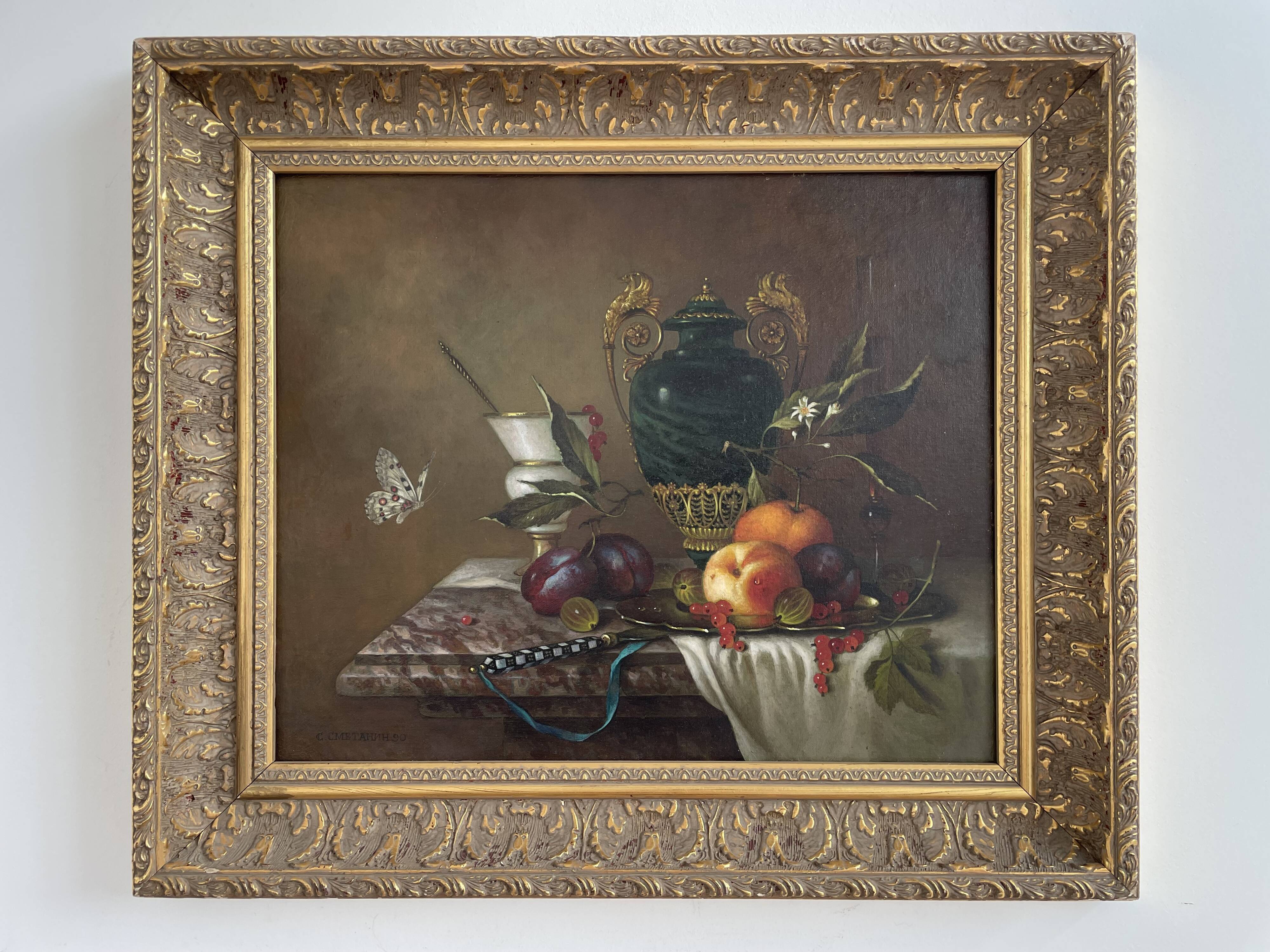 Oil painting, sergei smetanin, still life with marble vase, signed, gilded wood frame, russia