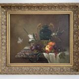 Oil painting, sergei smetanin, still life with marble vase, signed, gilded wood frame, russia