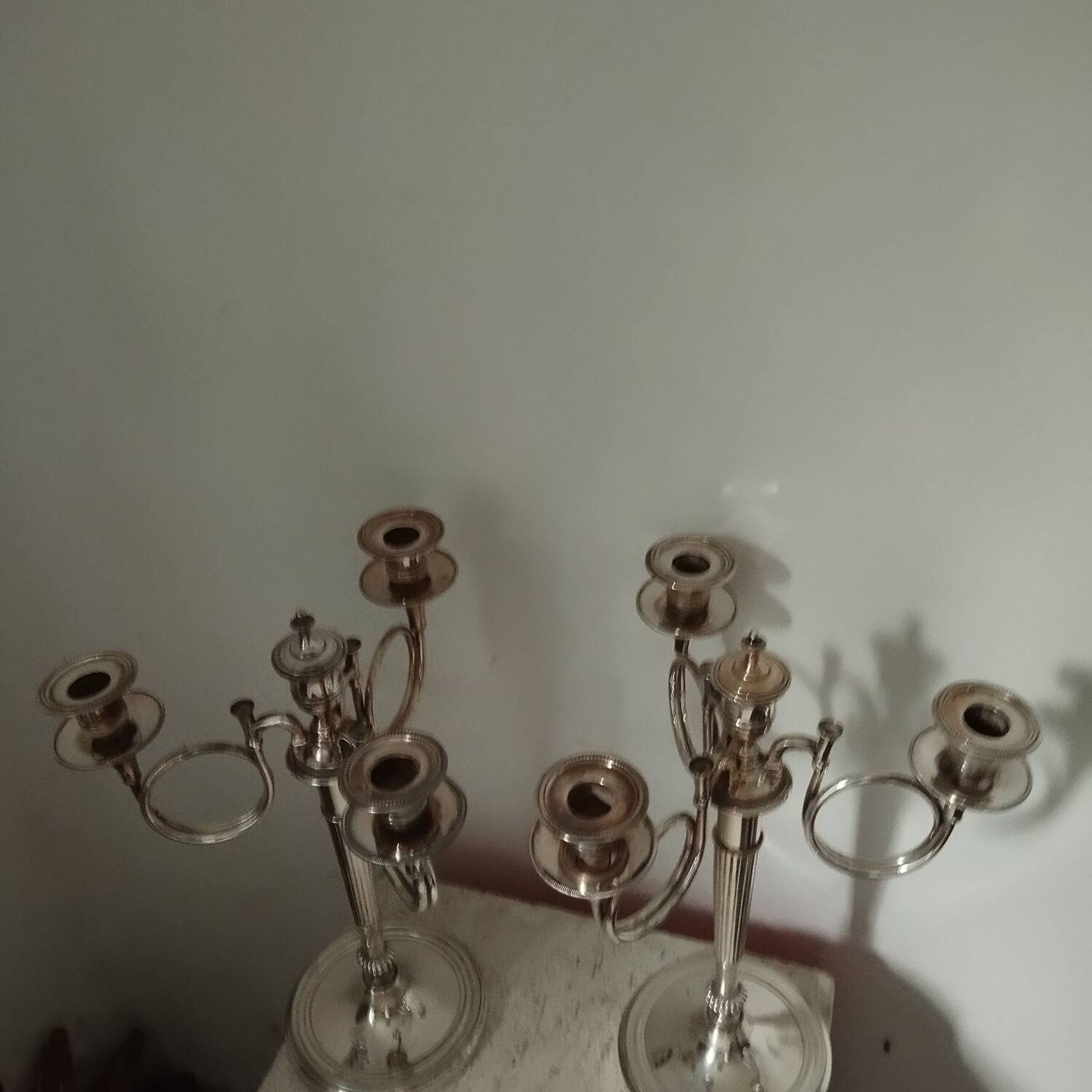 2 candelabra candlesticks hunting horn silver metal