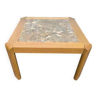 Wood and marble coffee table with a glossy finish from the 1970s.