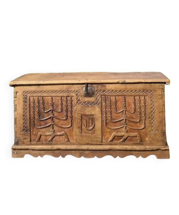 wedding chest in solid fruit wood carved with 2 Menorahs and Hebrew symbol from the 18th century or even before.
