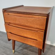Norwegian bedside table with 3 drawers, teak and brass clogs