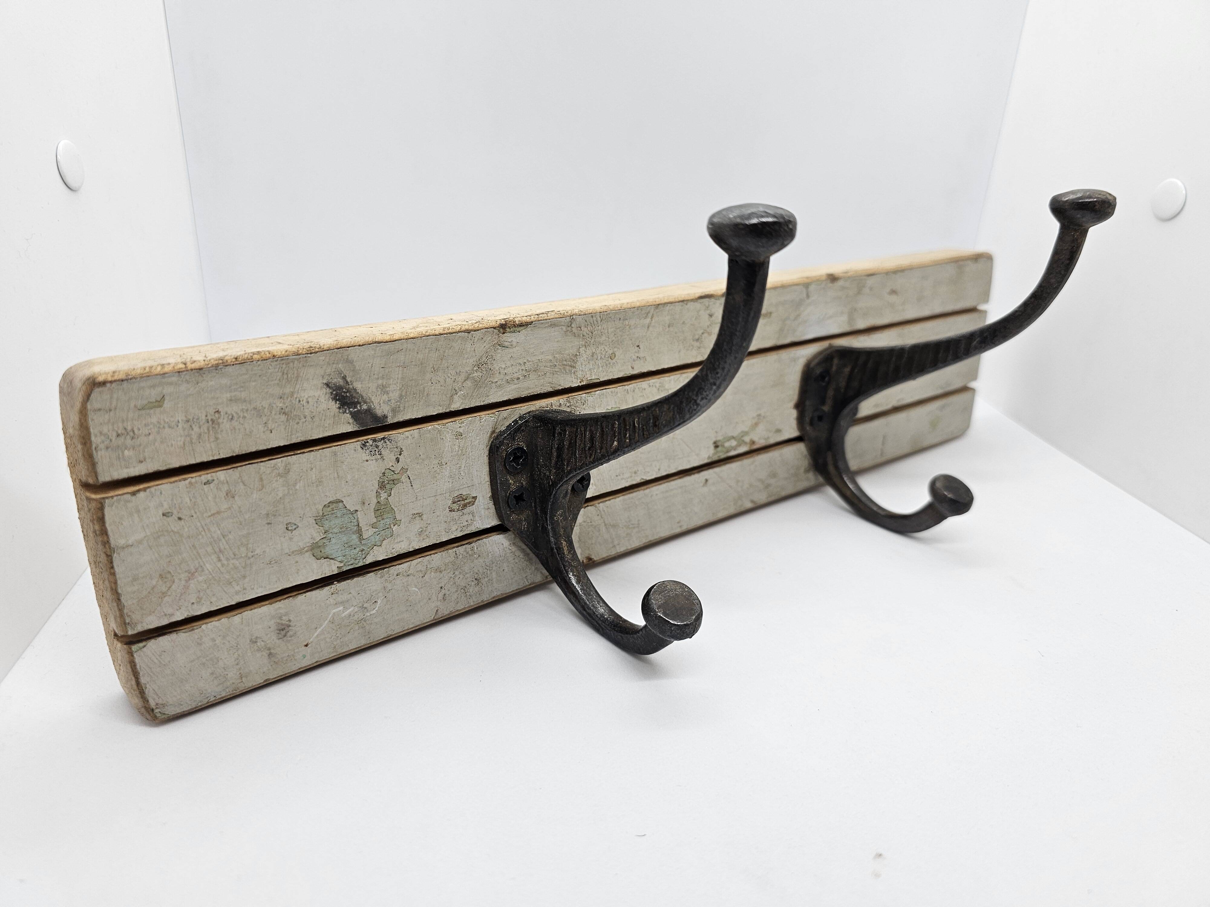 Solid teak coat hook with 2 double cast iron hooks