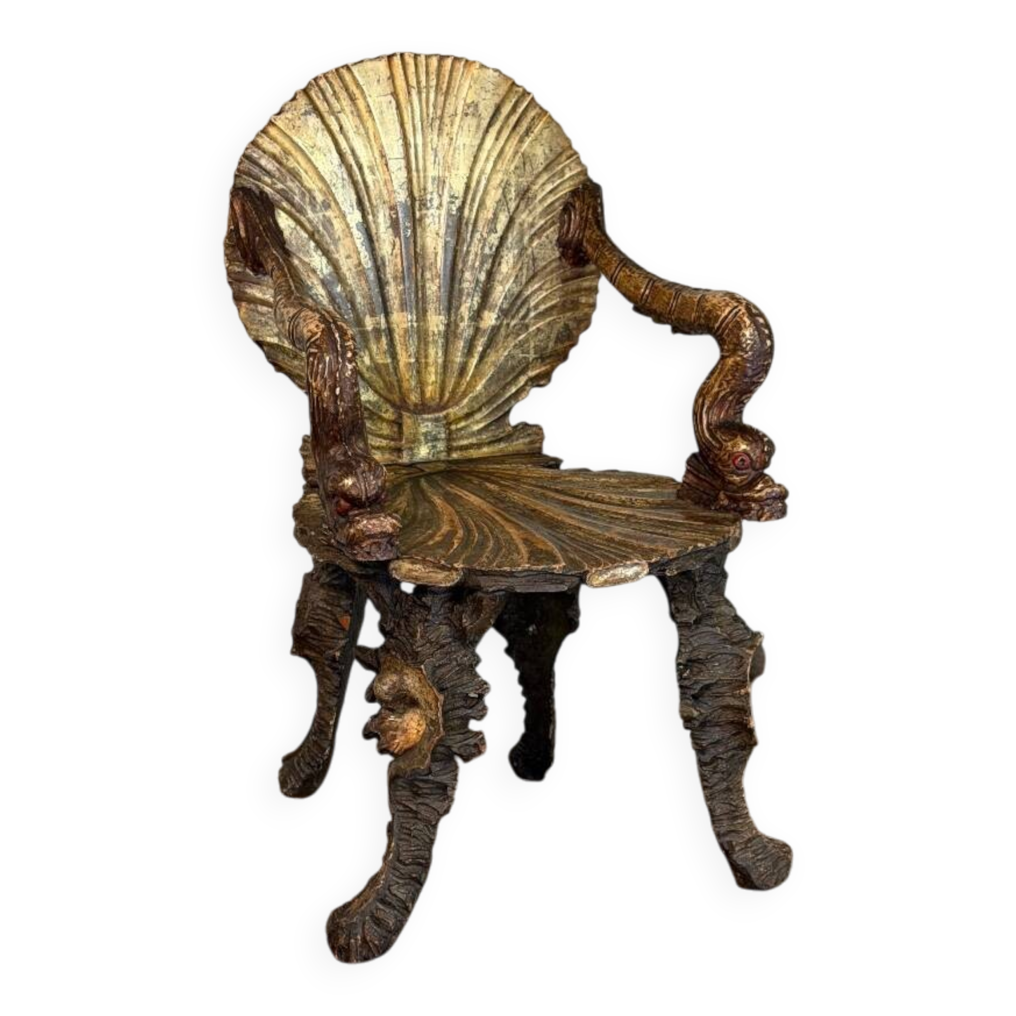 Venetian "Grotto" armchair in carved polychrome wood, silvered and gilded, circa 1890.