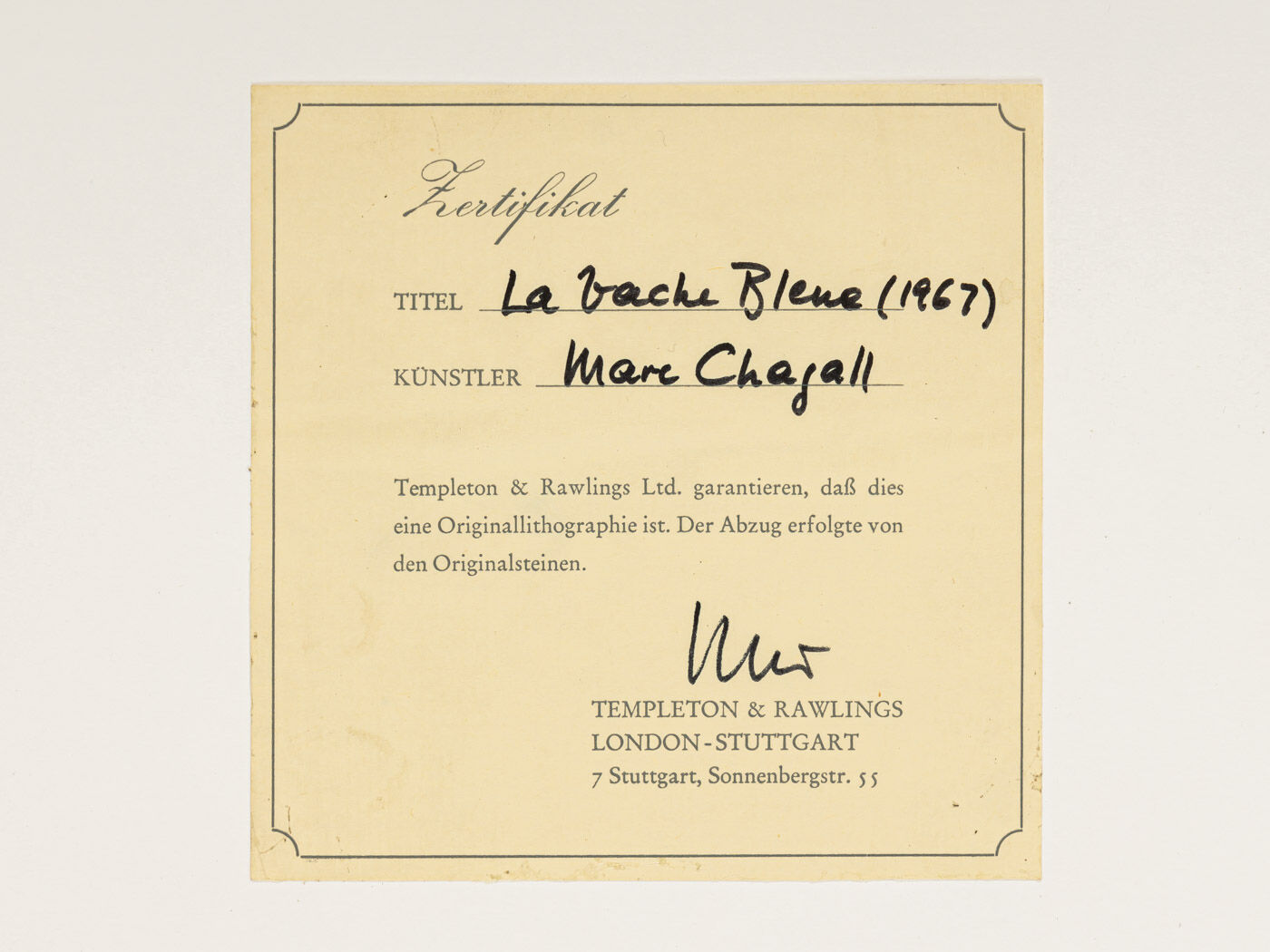 Marc chagall – “la vache bleue”, original lithography with certificate