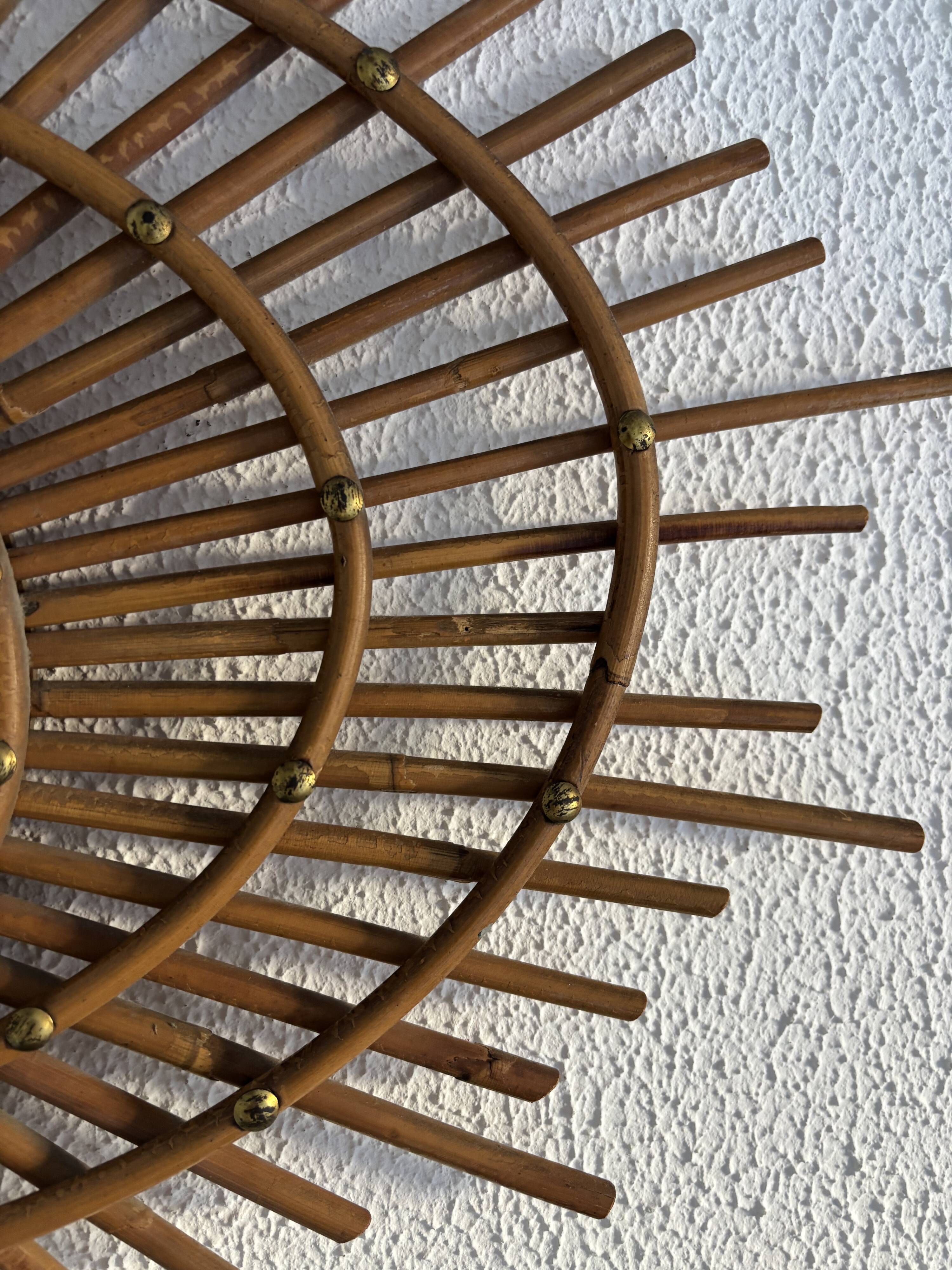 Vintage 1960s sun mirror, rattan, ORTF style, spiral eye - 66 x 50 cm