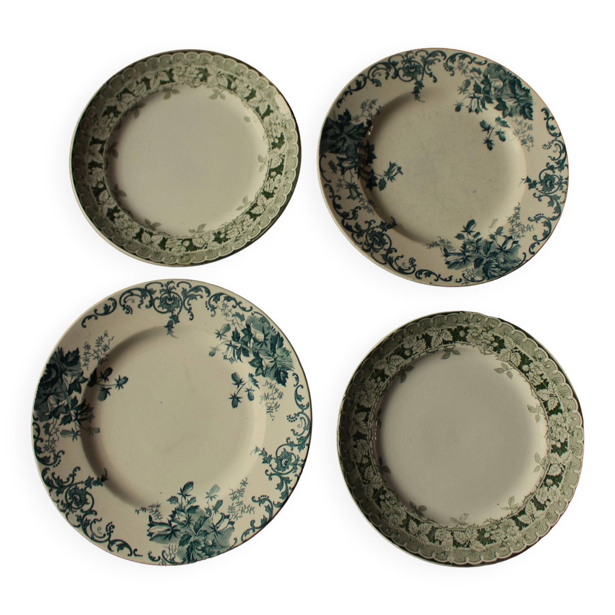 Mismatched lot 4 flat plates + small Saint Amand Terre de fer Blue Green