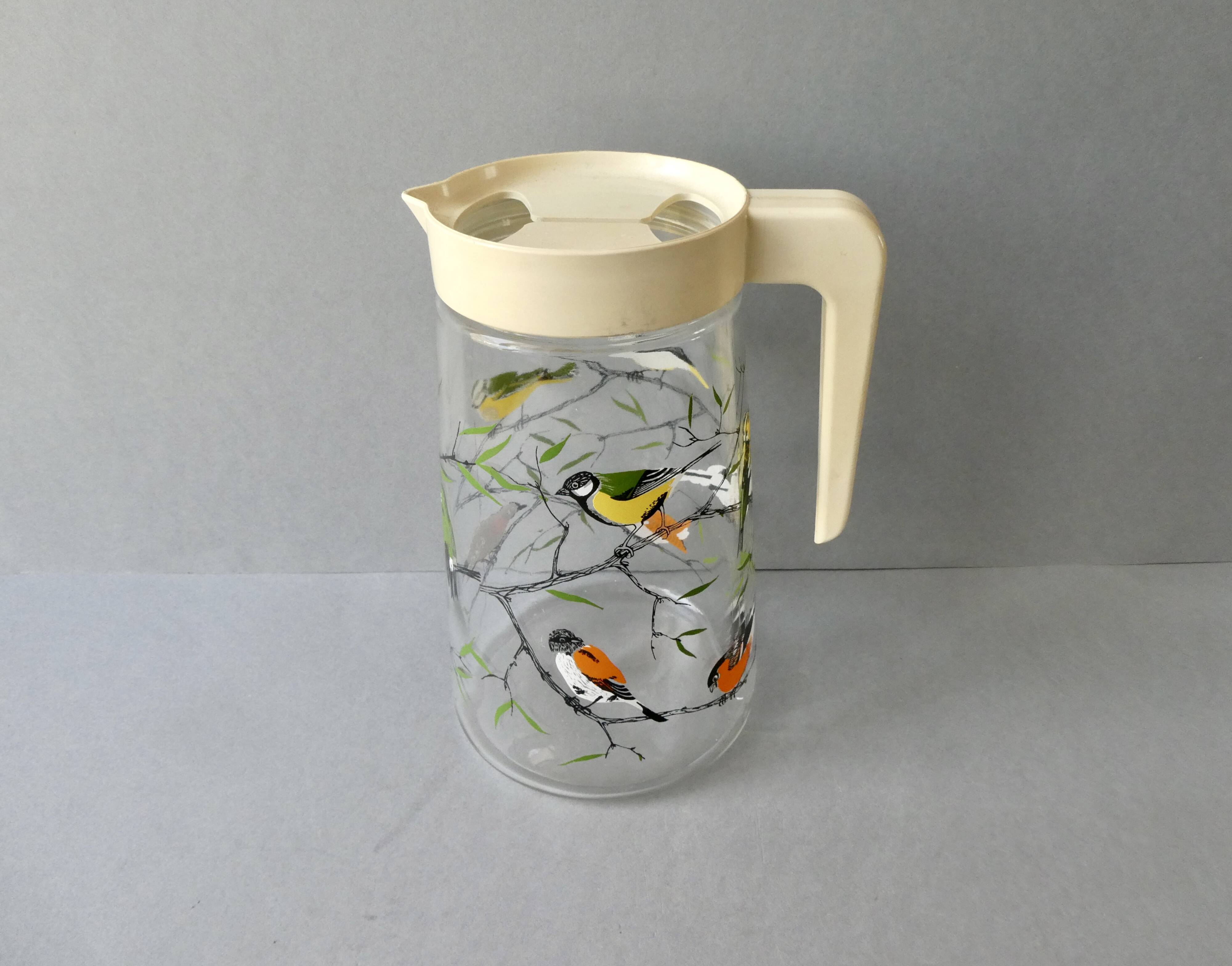 Carafe and its 4 glasses BVB France, bird decor, circa 1960