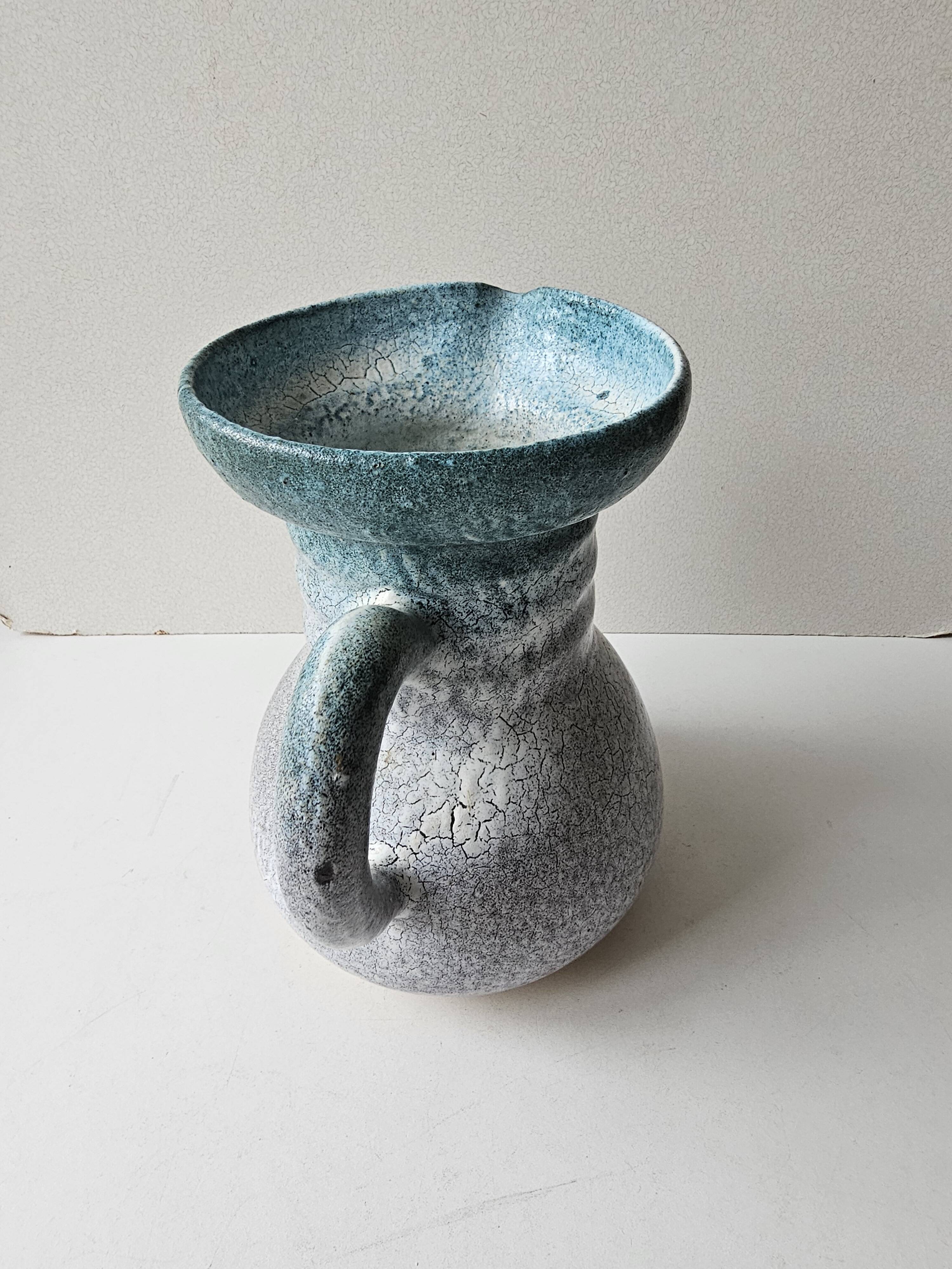 Green crackle glazed ceramic pitcher Signed ACCOLAY - height 21