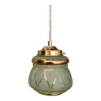 Vintage art deco globe pendant light in green and gold frosted glass