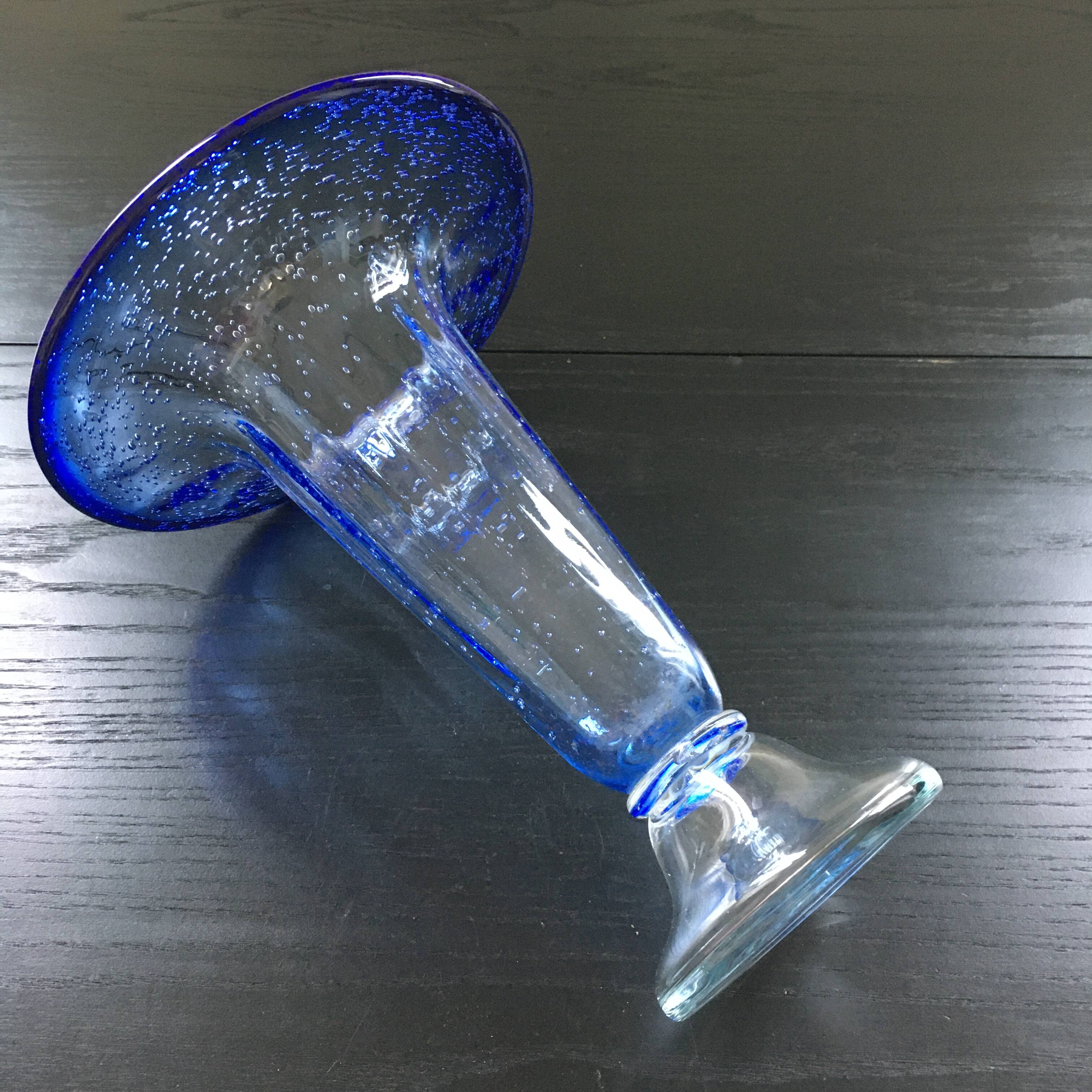 Large blue bubble glass vase