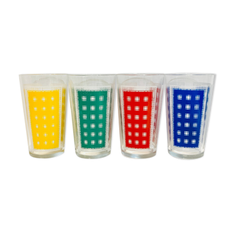 X4 verres années 60 rouge bleu vert jaune -France-retro-cuisine -vintage