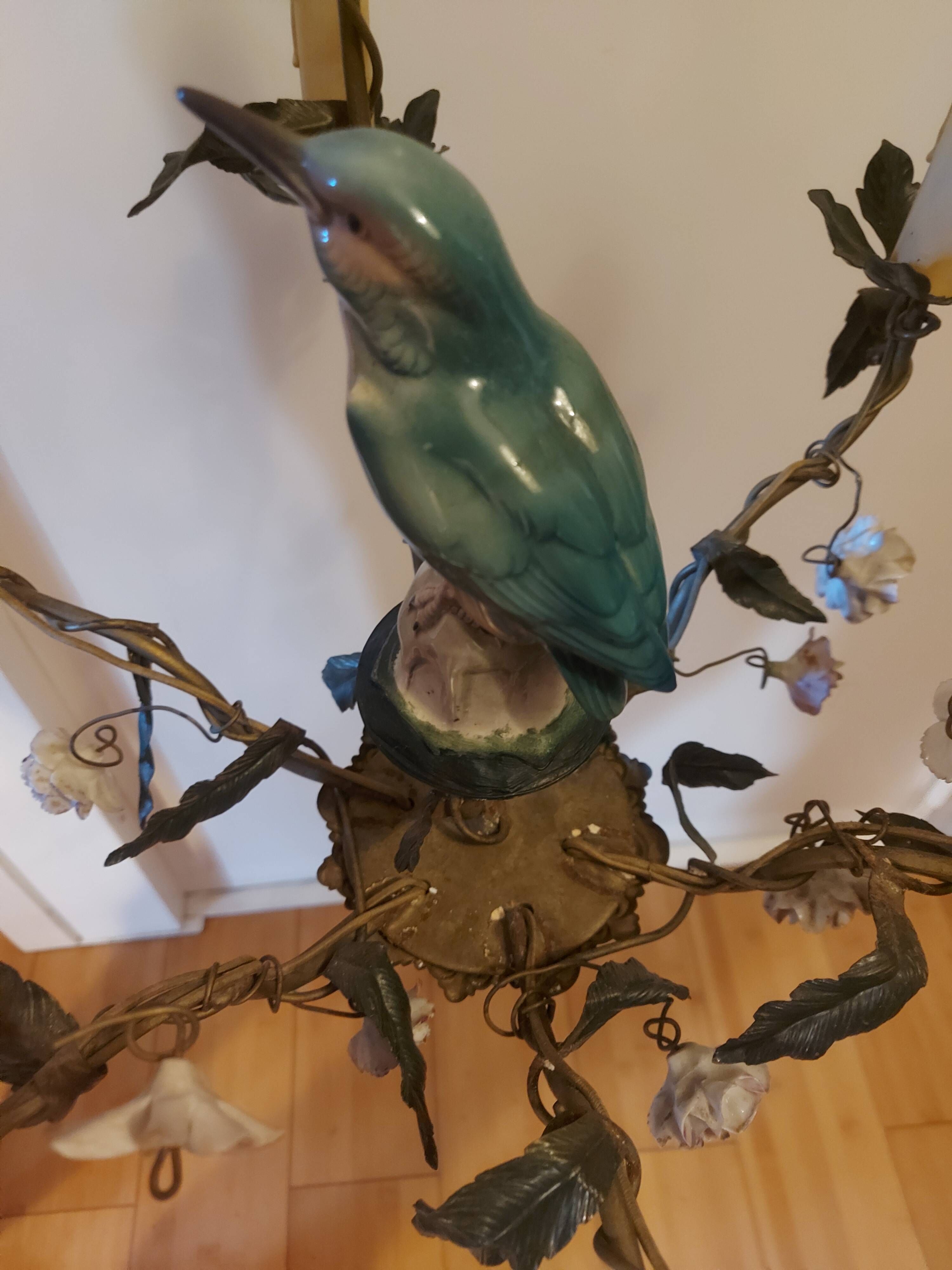 Chandelier cage décor birds and flowers in Meissen porcelain