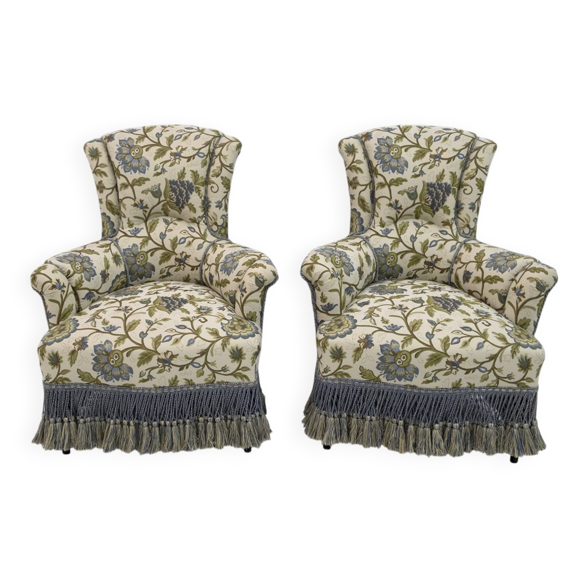 Pair of Art Dèco Italian Walnut and Velvet Armchairs and Two Ottomans, 1920