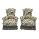 Pair of Art Dèco Italian Walnut and Velvet Armchairs and Two Ottomans, 1920