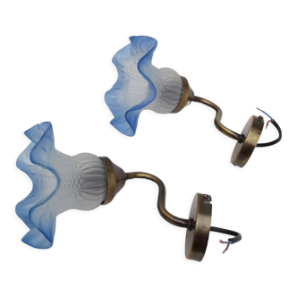 Pair of gooseneck wall sconces / tulips in frosted glass white / blue