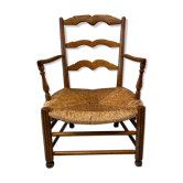 Fauteuil bas ancien 19ème de style rustique assise paillée bois brun