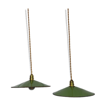Pair of retro industrial green enamelled sheet metal pendant lights