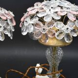 Set of 2 large table lamps with crystal glass flowers, pink and transparent, brass base, 1960