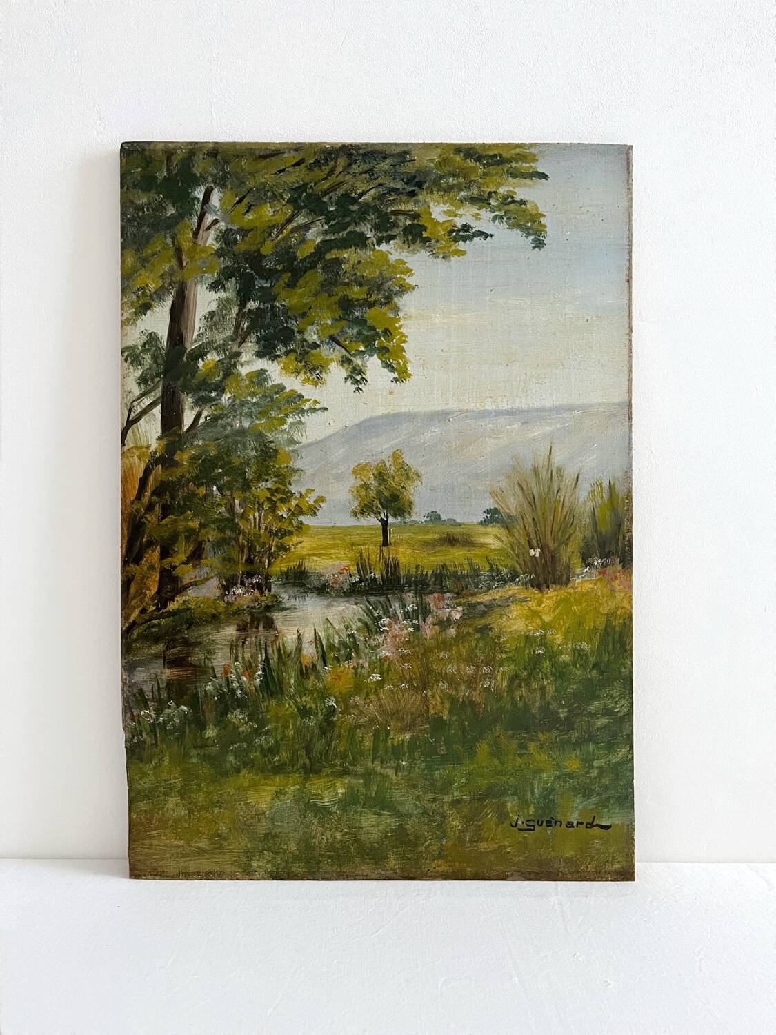 Peinture ancienne huile sur bois paysage verdoyant Joseph Guénard