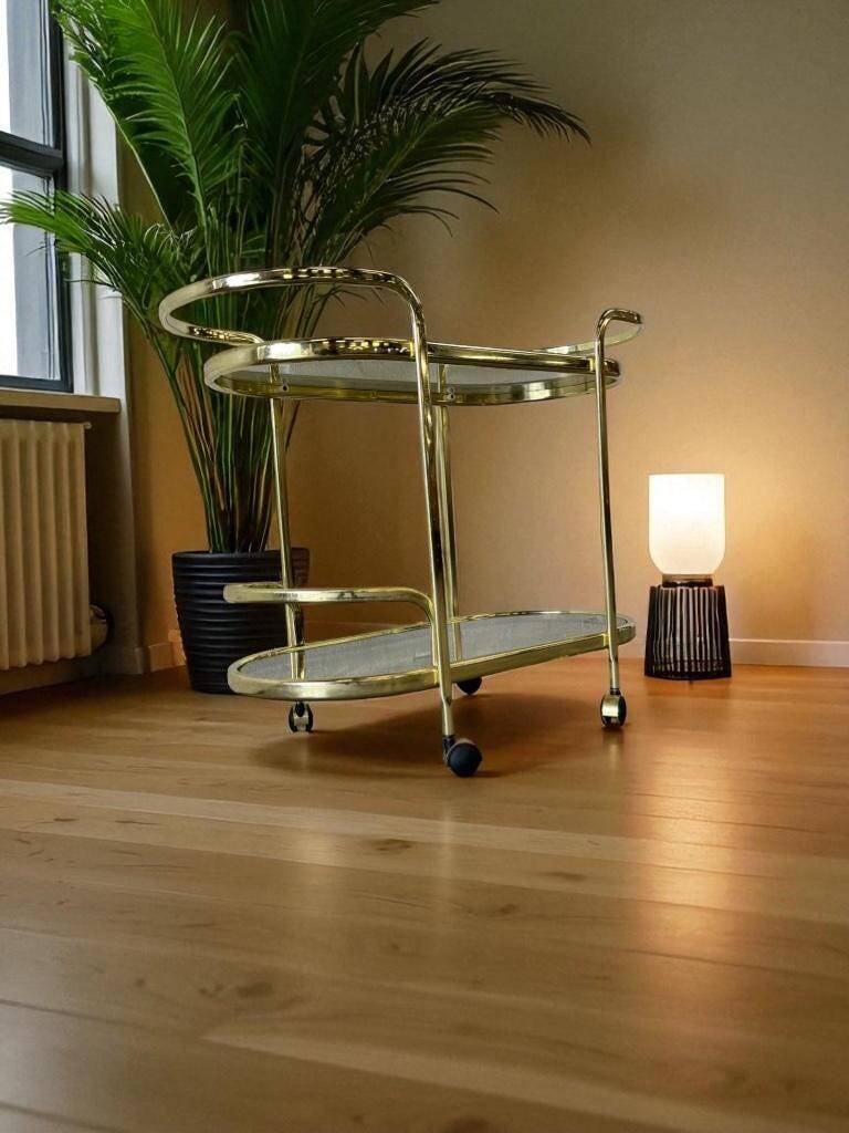 Vintage gold bar cart / side table with smoked glass