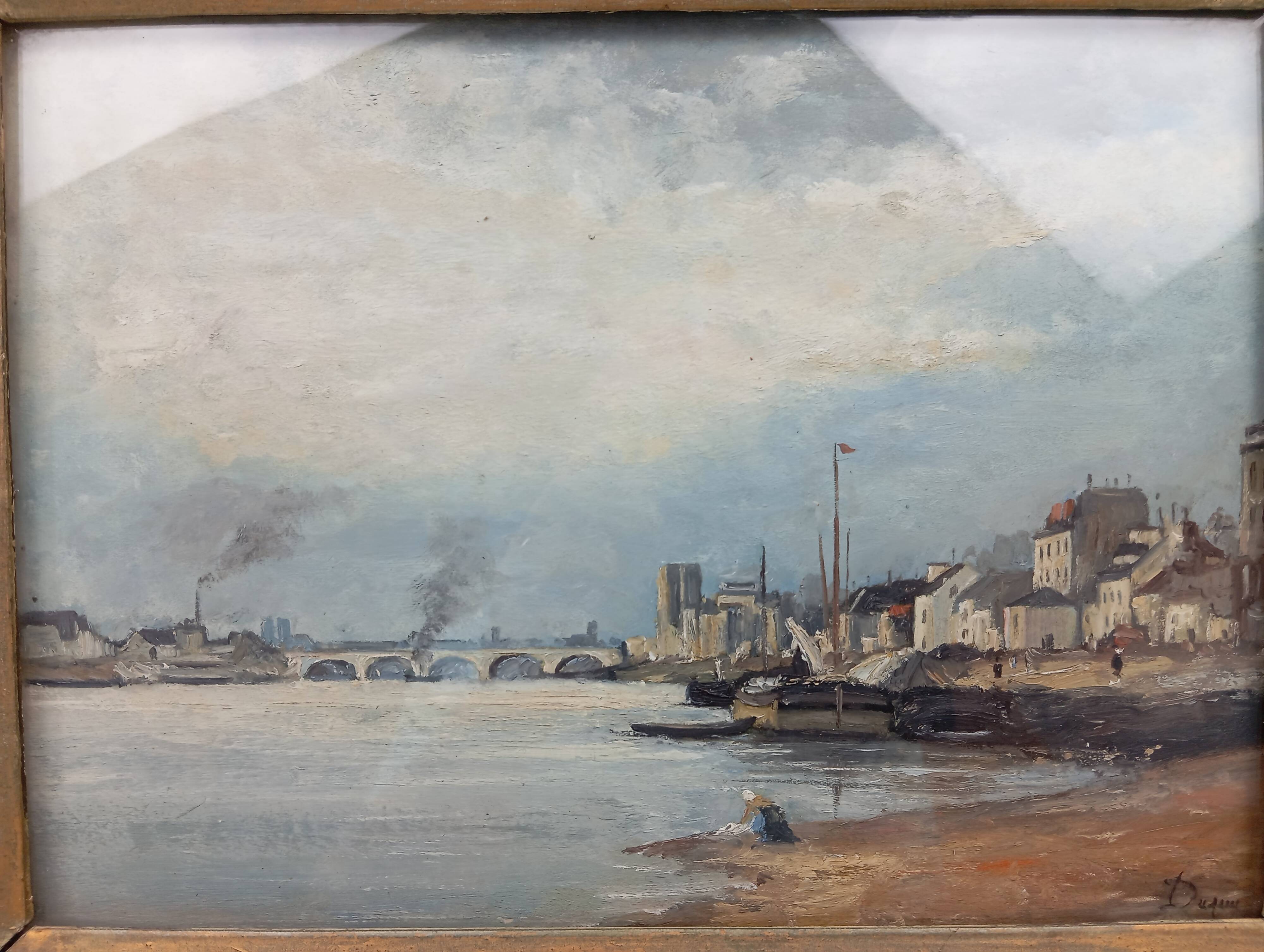 Bord de Seine à Bercy Huile sur panneau XIX éme signé Dupuy