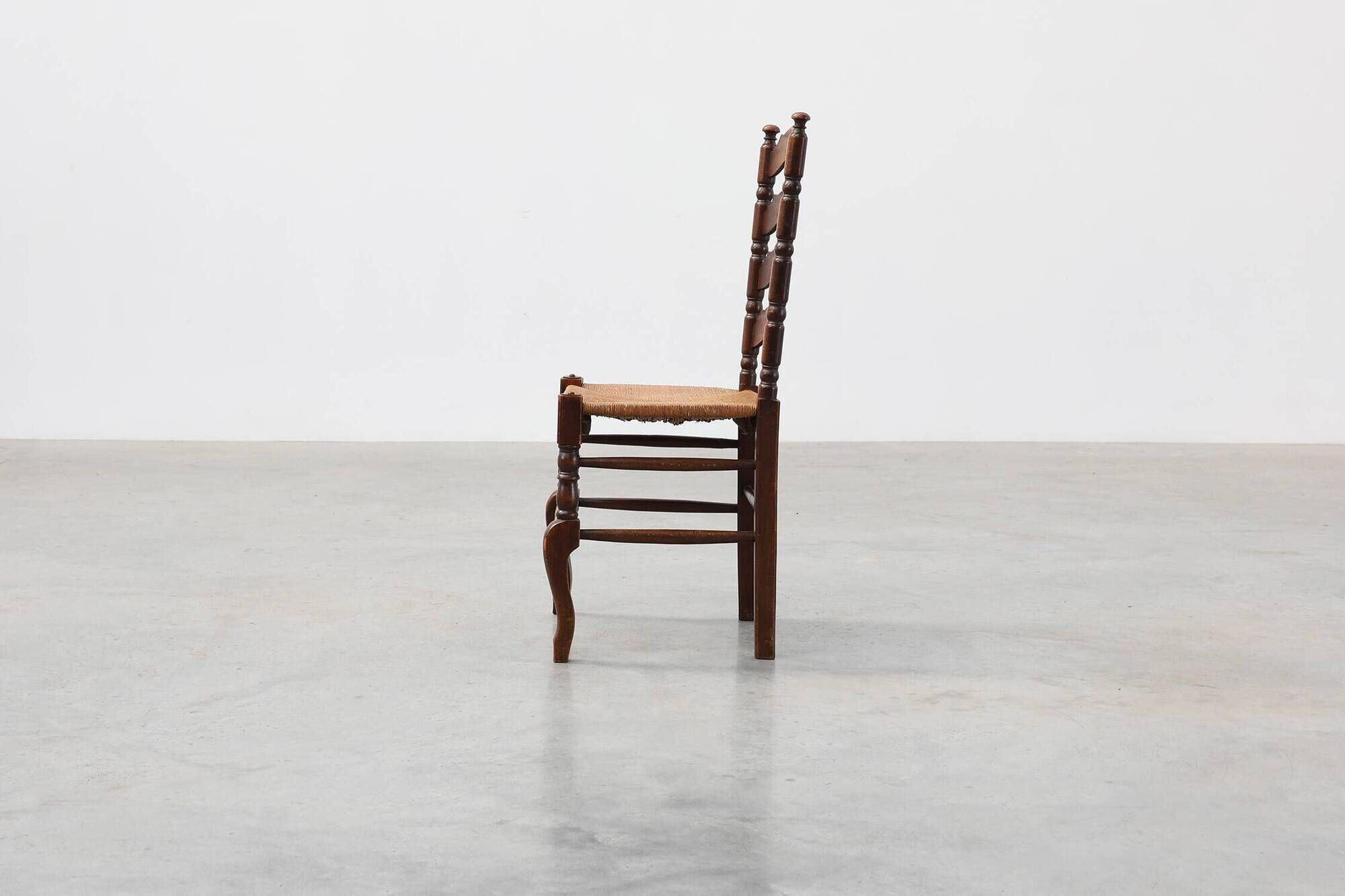 Rustic Oak Ladder-Back Chair with Rush Seat and Cabriole Front Legs, France
