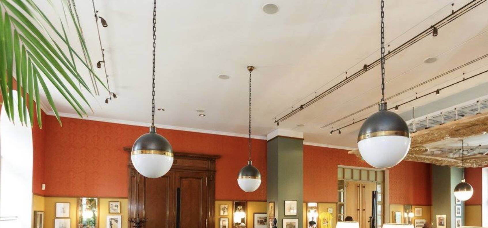 Large Hicks bronze and glass ball pendant light, USA