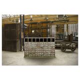 Workshop furniture in patinated solid wood with 56 drawers and 8 lockers