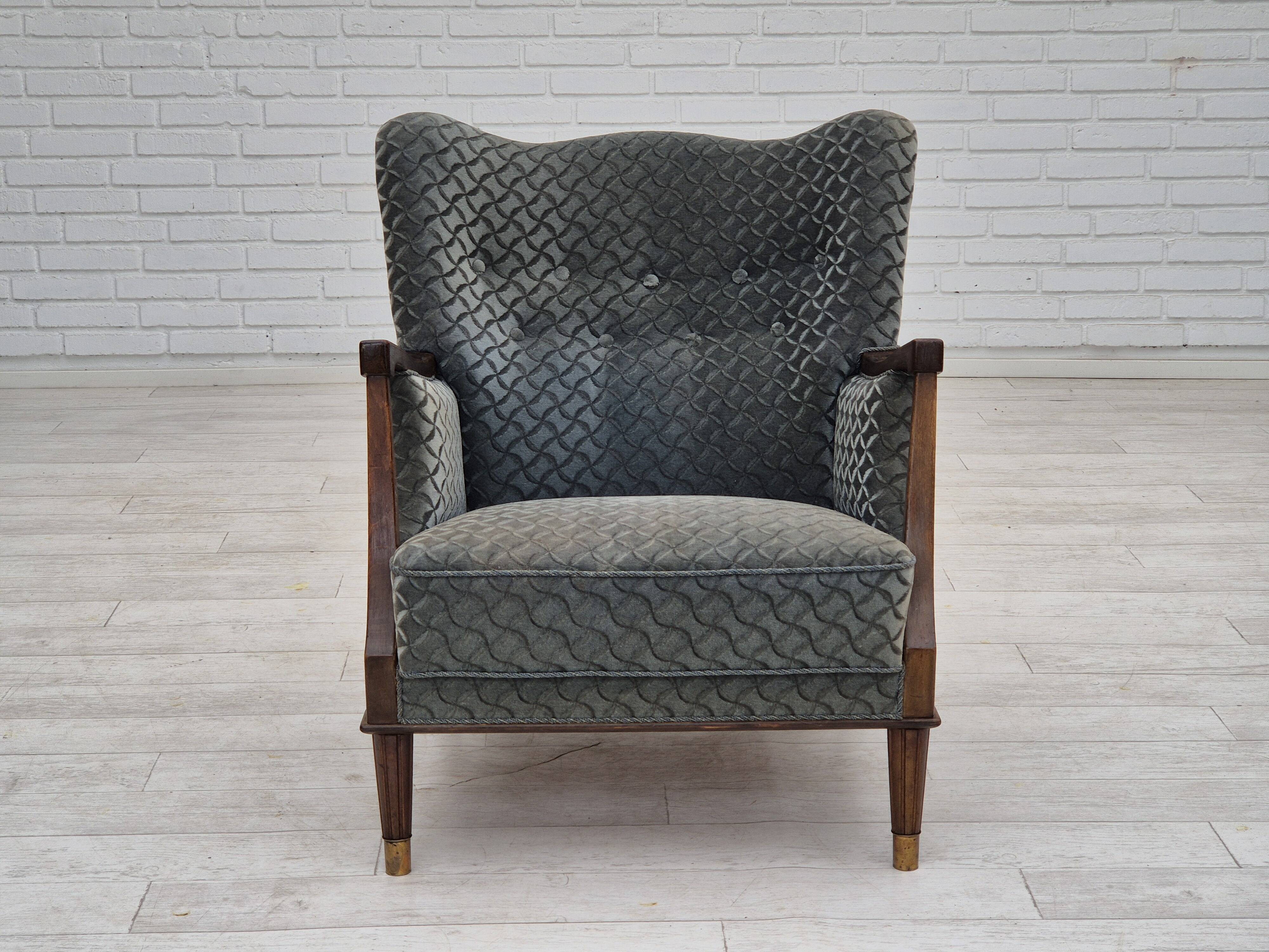1960s, Danish armchair, original very good condition, furniture velour, beech wood,