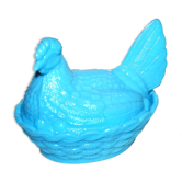 Box vintage bonbonnière poule in opaline from portieux - molded glass turquoise blue