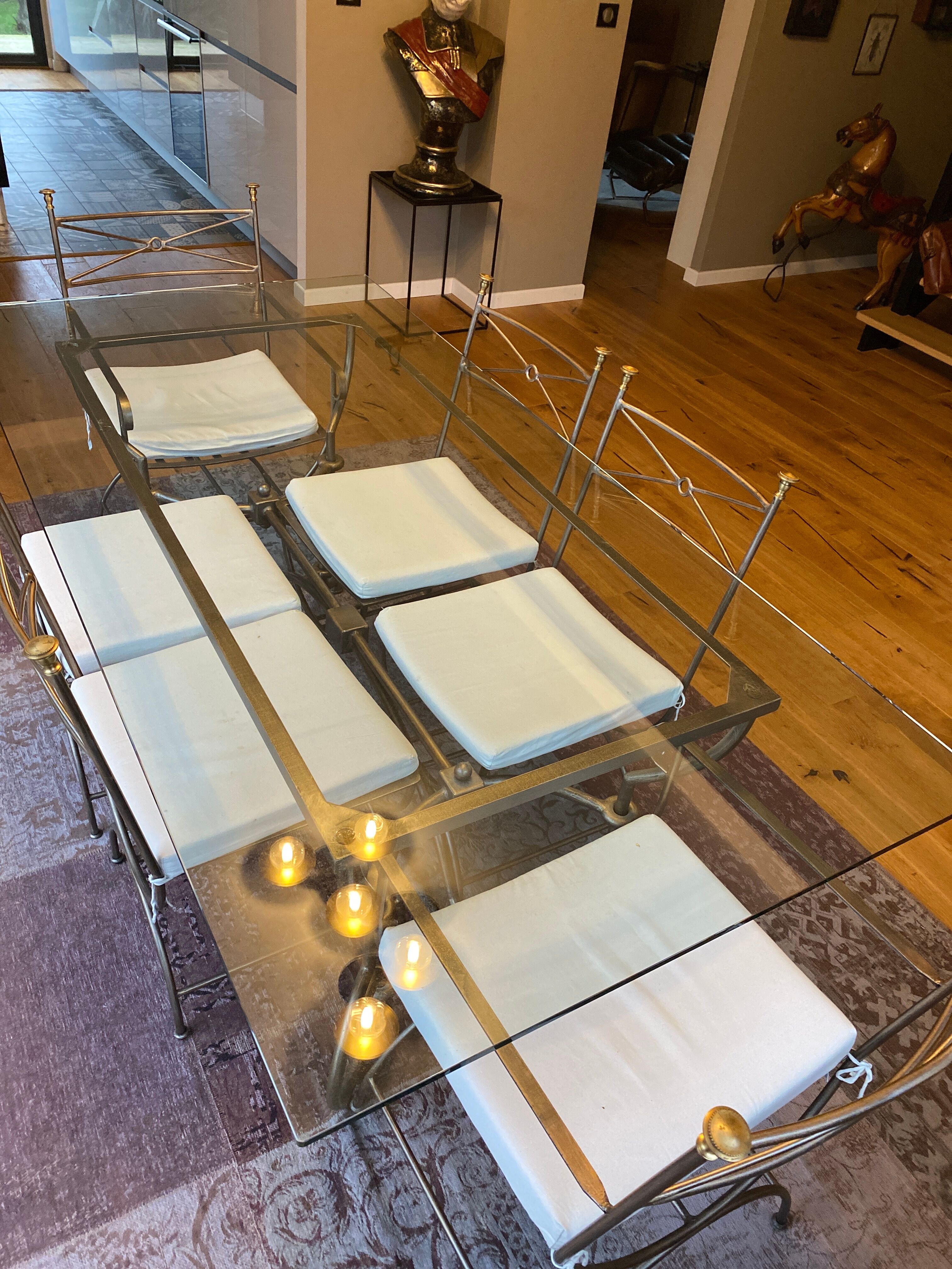 Rochebobois table in glass and wrought iron 4 chairs 2 armchairs
