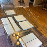 Rochebobois table in glass and wrought iron 4 chairs 2 armchairs