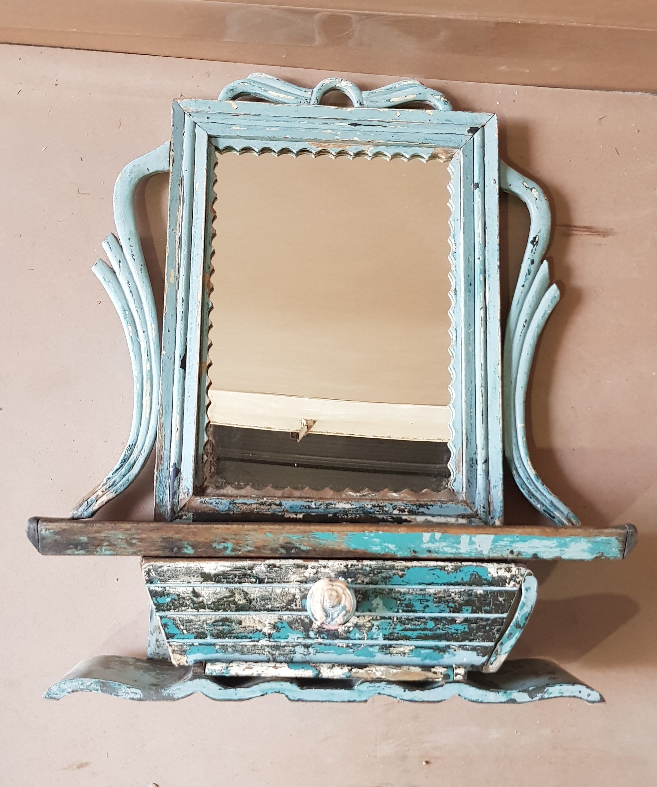 Mirror - Burmese Teak Art Deco wall shelf with original blue patina
