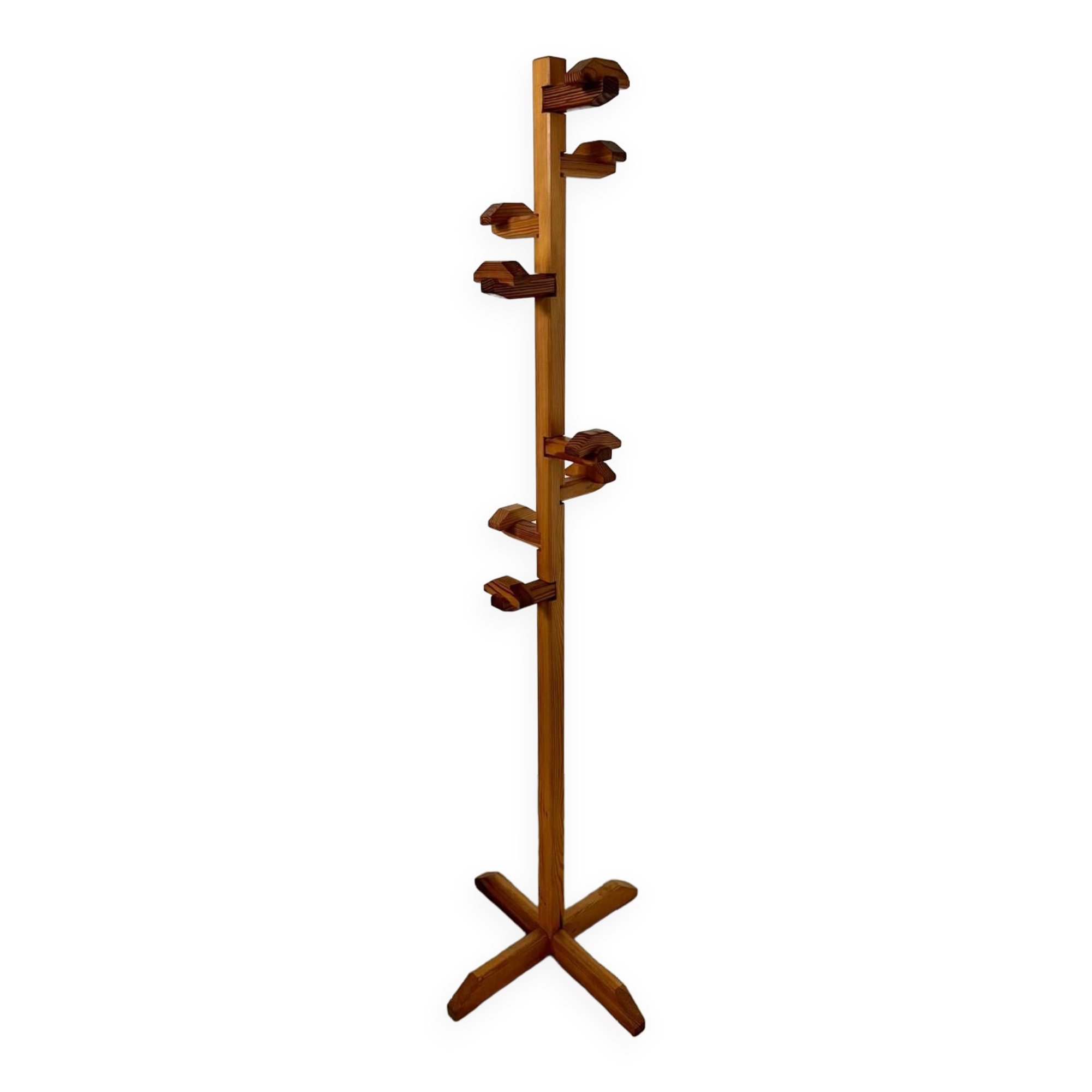 Old designer pine coat rack from the 60s in chalet wood