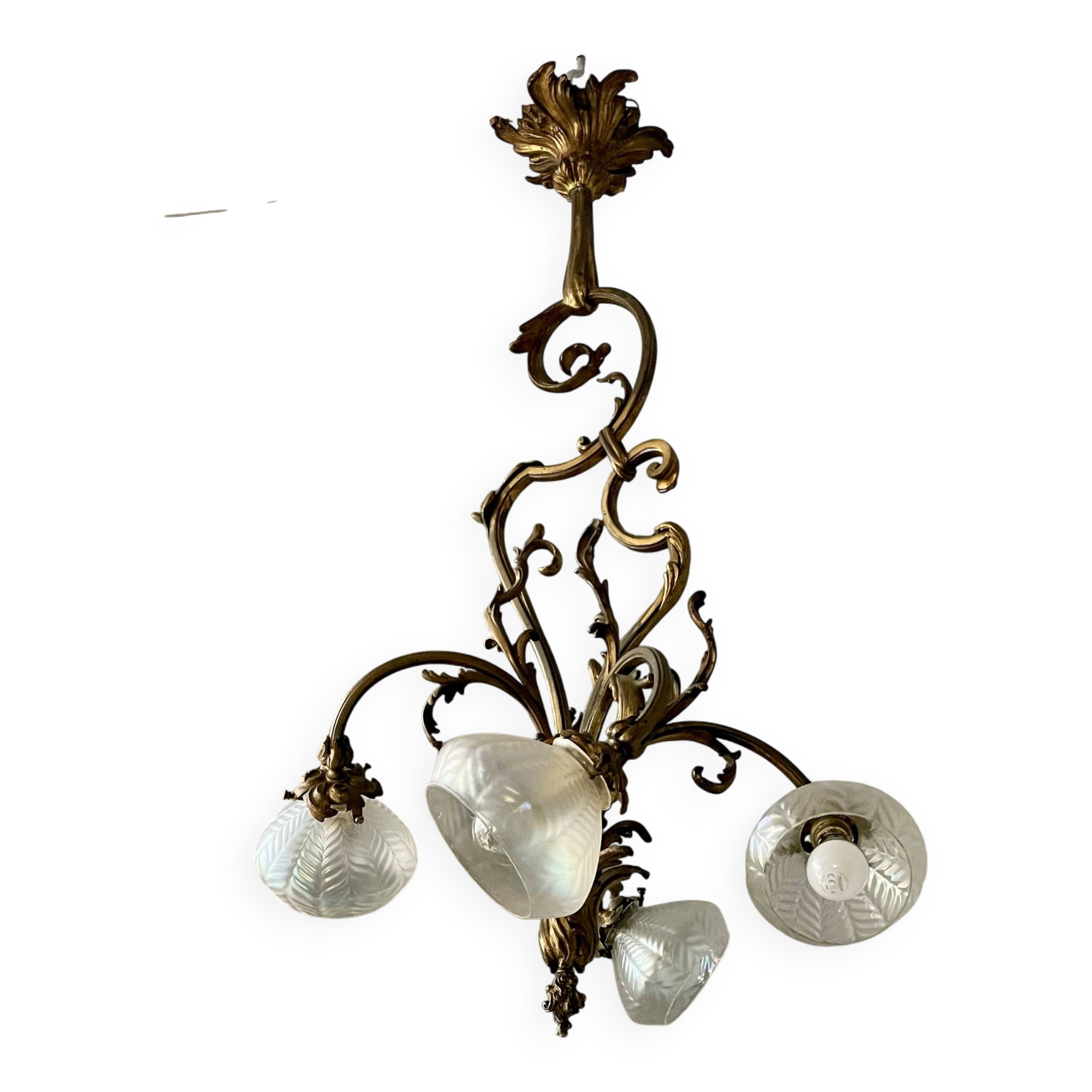Jugendstil Golden Chandelier with Frosted Glass Shades