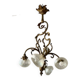 Jugendstil Golden Chandelier with Frosted Glass Shades