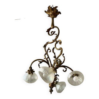 Jugendstil Golden Chandelier with Frosted Glass Shades