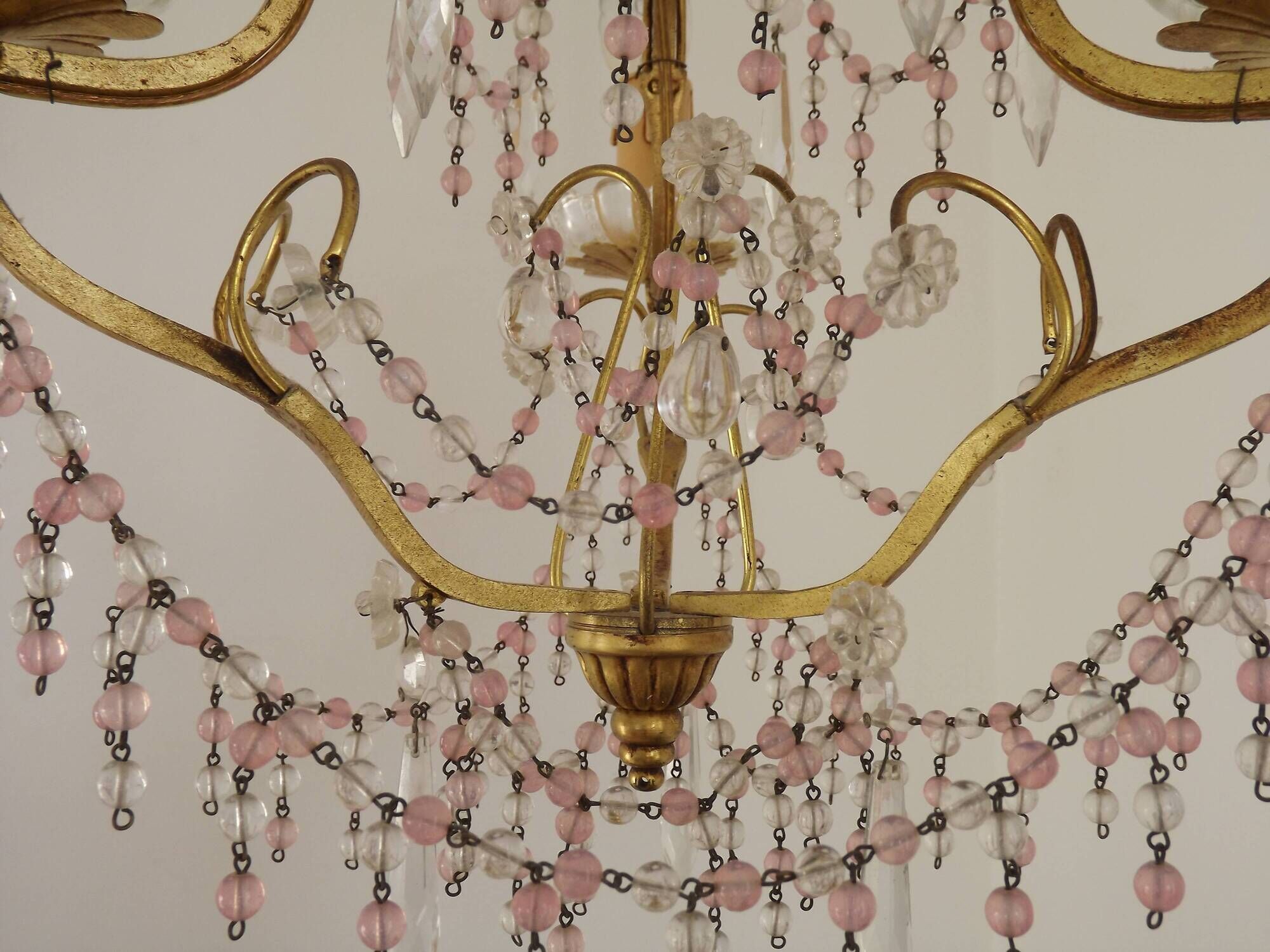 French gilt bronze three-light cage chandelier with pink and clear beaded swags.