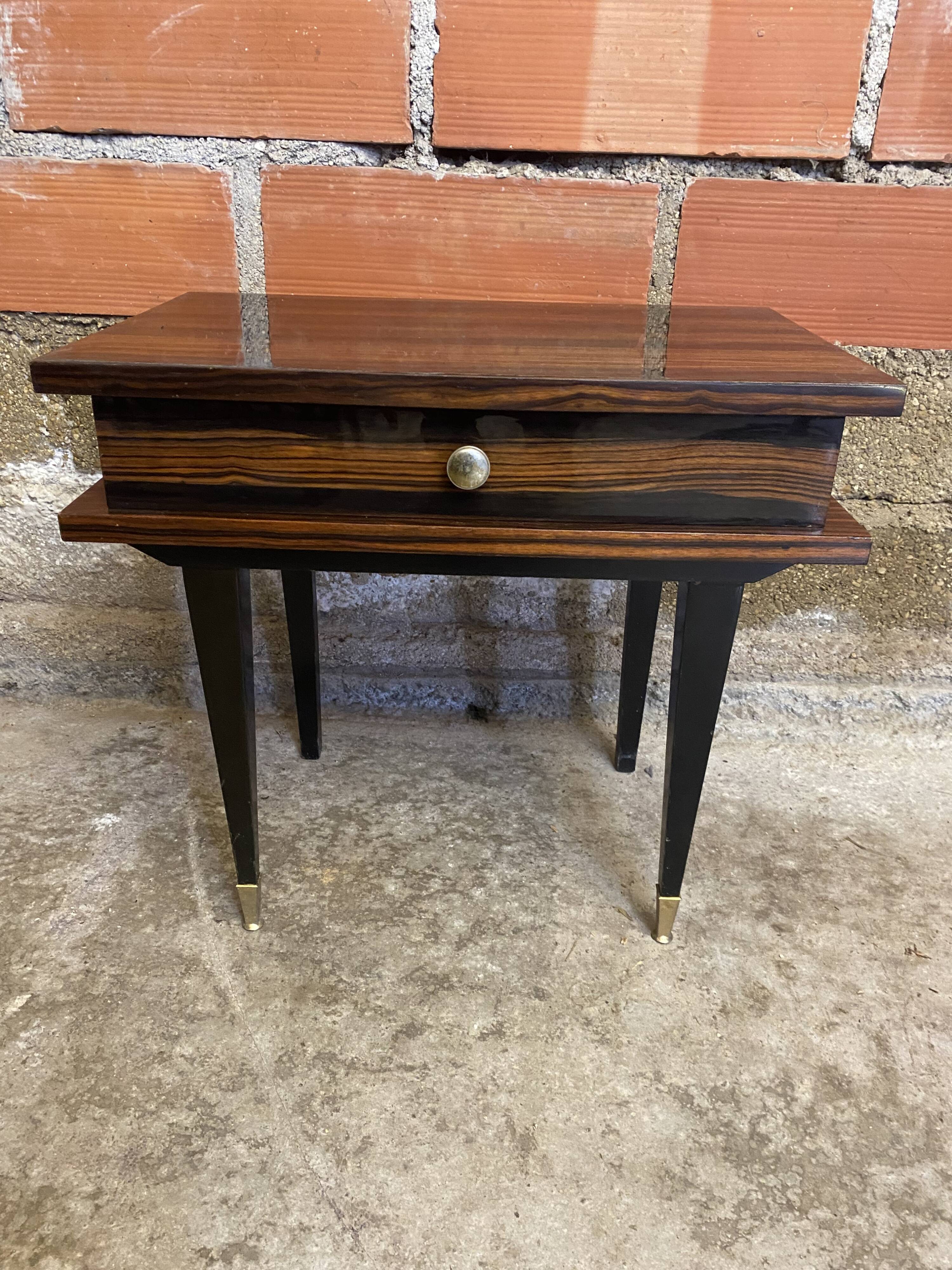 Antique Nightstand with Drawer, Macassar Wood, Mid 20th Century, Vintage
