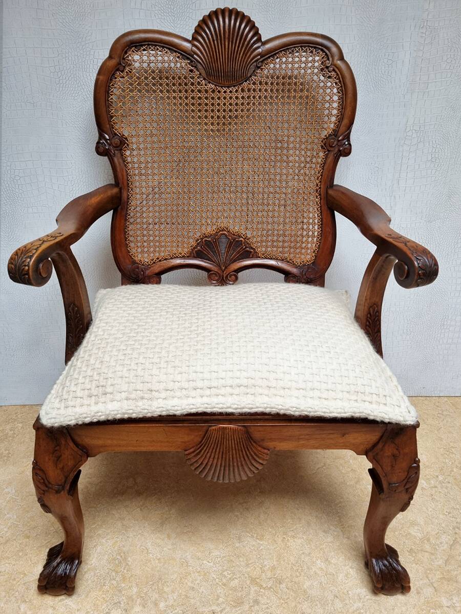 Chippendale Bergere Armchair, Carved Mahogany with Cane and Lion Claw Ball