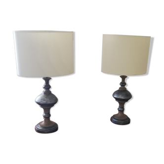 Paire de lampes à poser en bois double patine métal