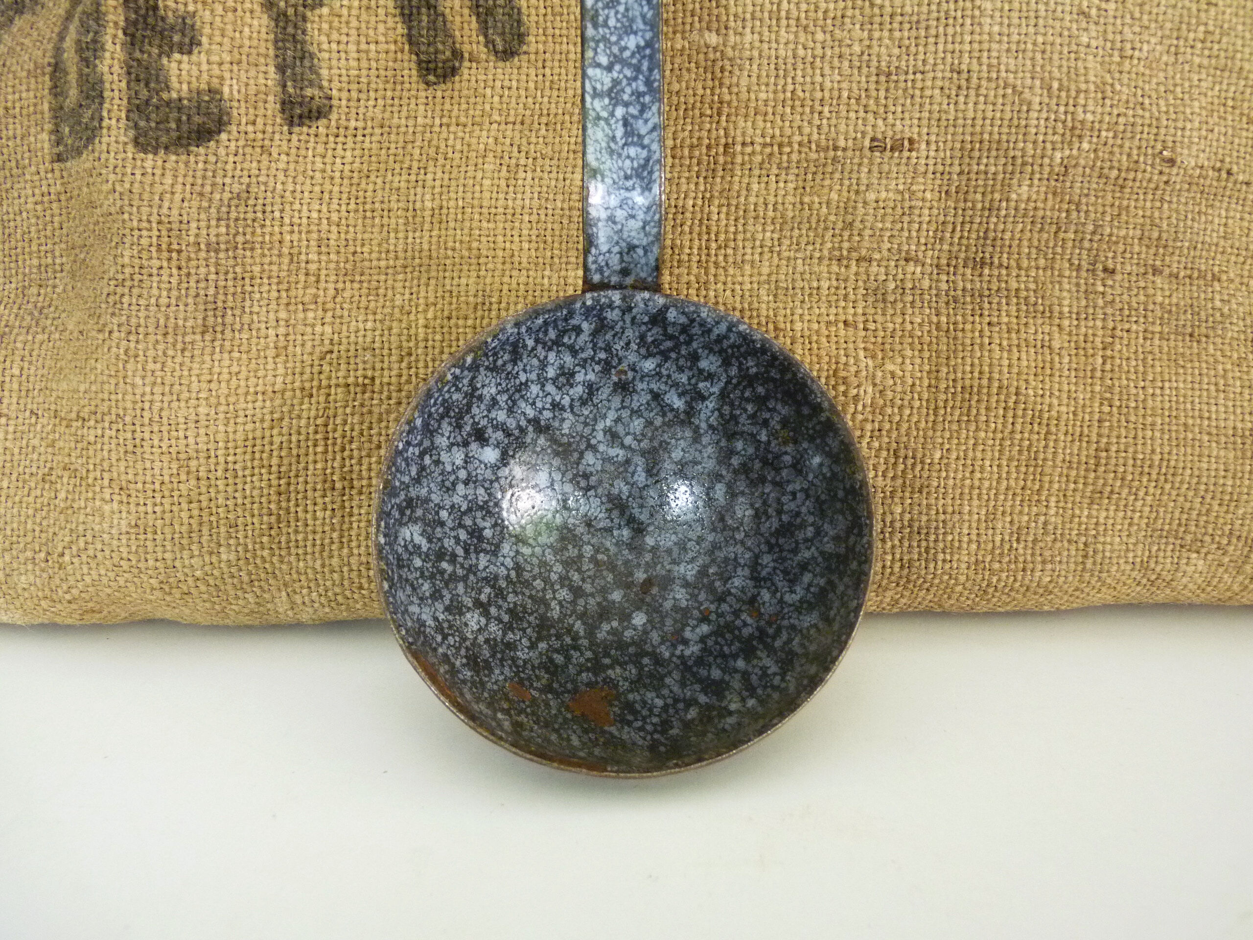 Grey and black enamelled louche. Vintage enamel kitchen utensils 1950