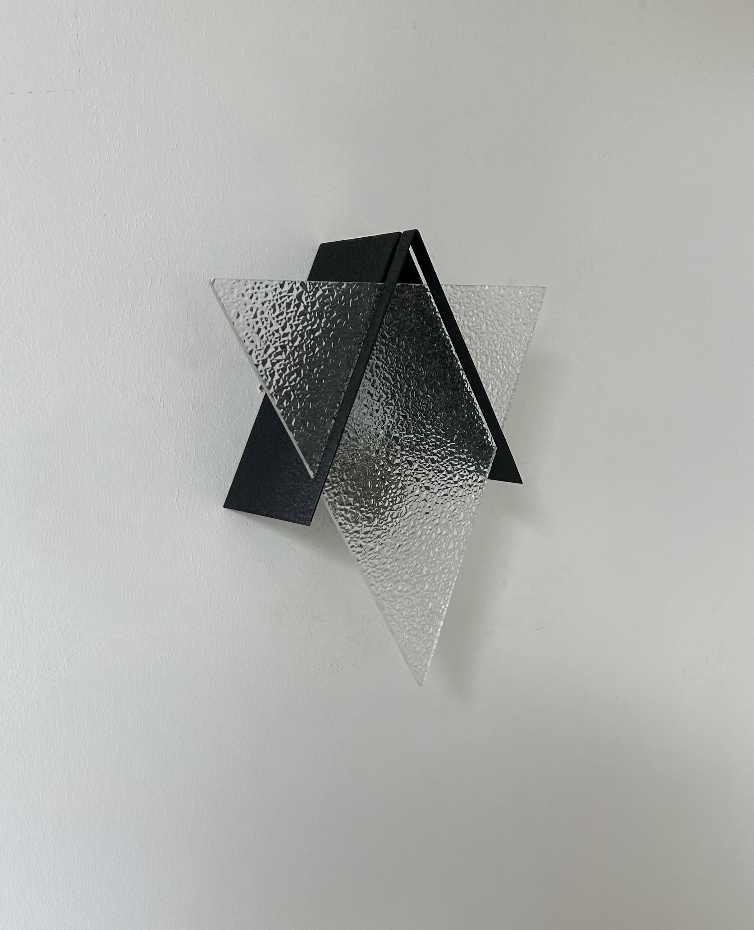 Vintage geometric wall lamp, black metal and glass, France 1950