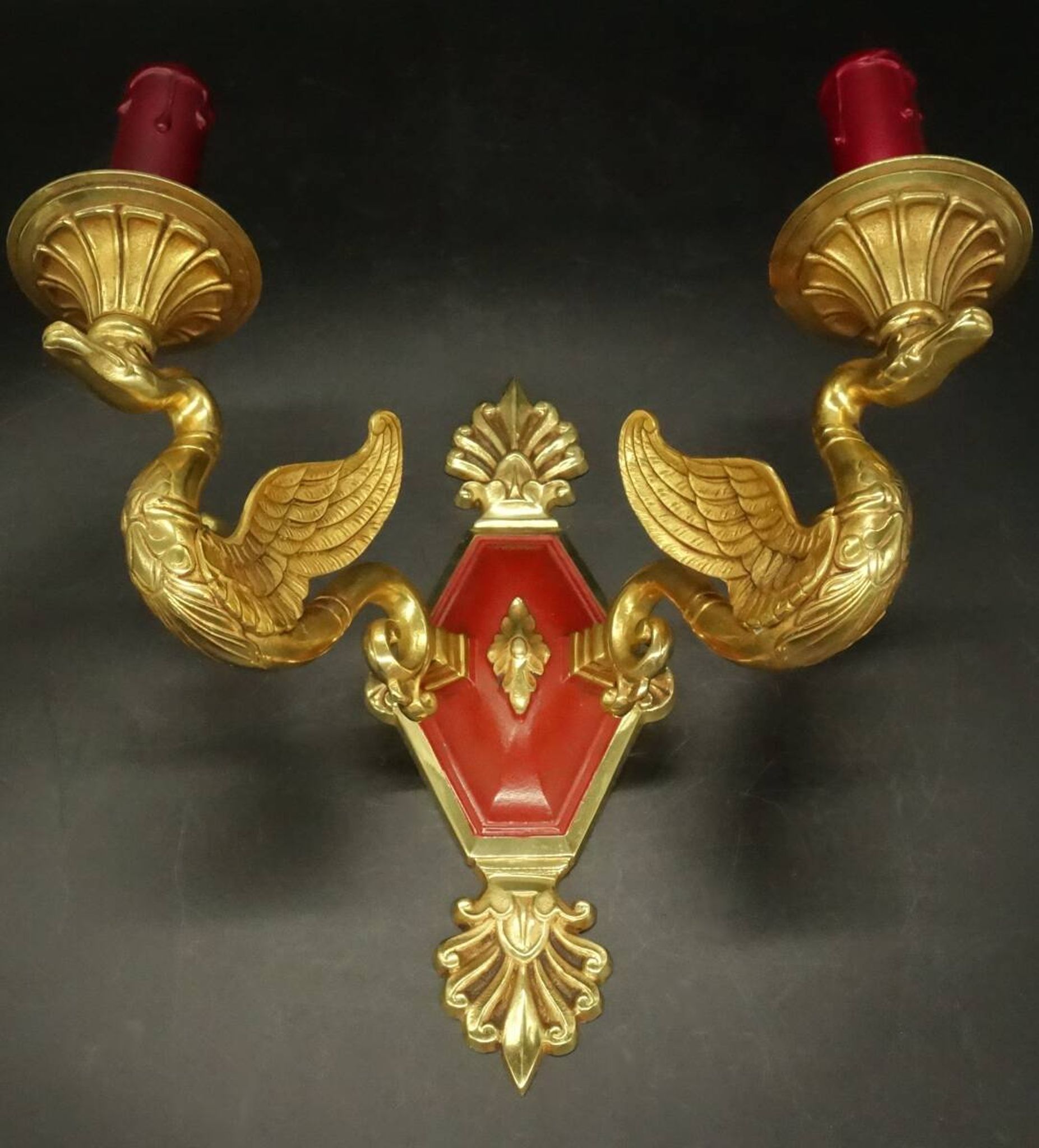 Pair of Empire style wall sconces with swans from Petitot - bronze & bordeaux patina.
