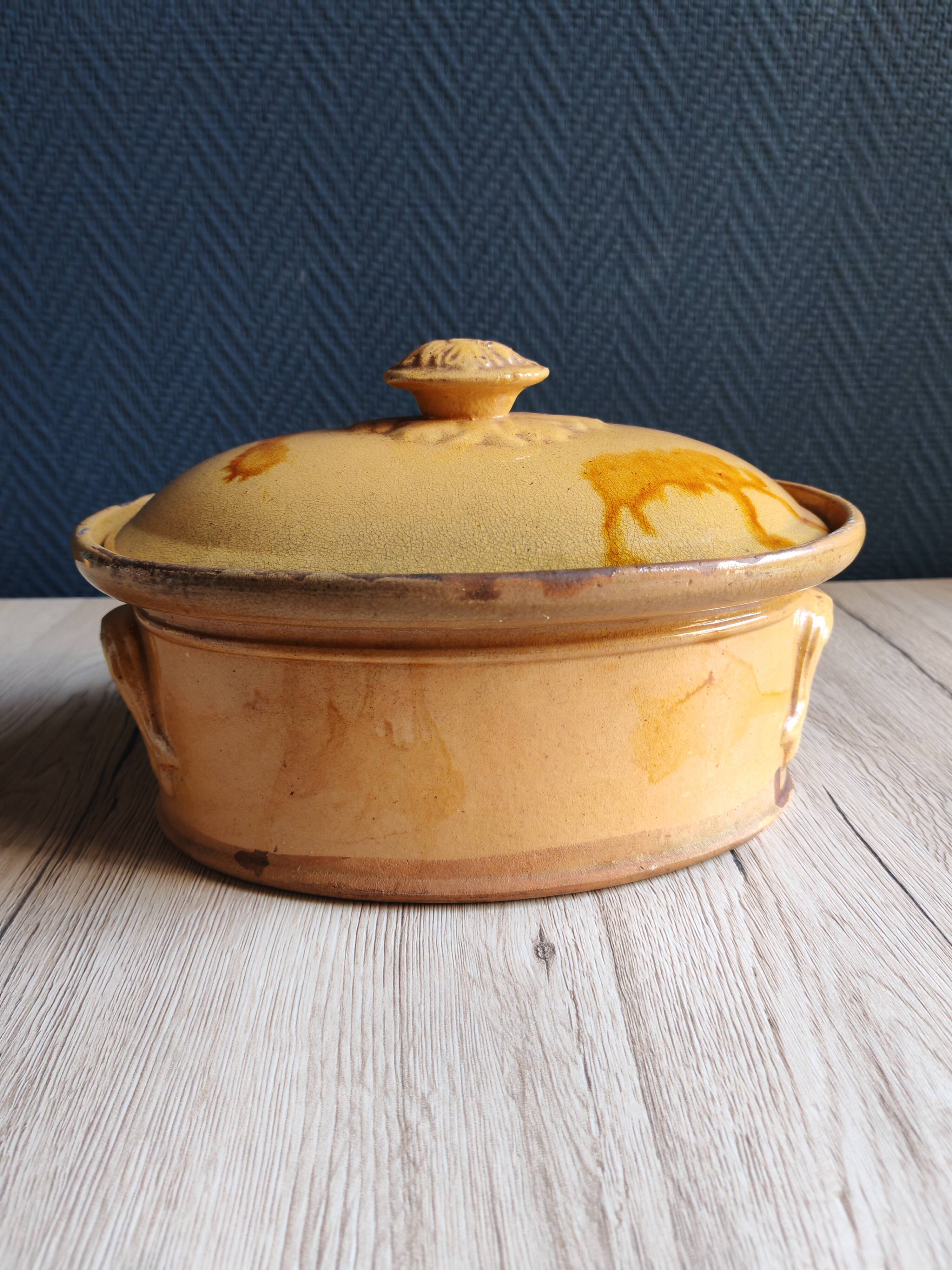 Old yellow ochre glazed terracotta terrine | Rustic pottery