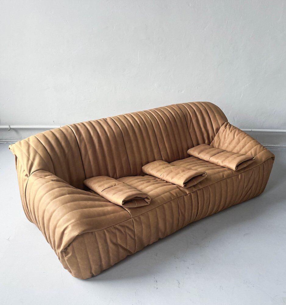 Camel leather 3-seater sofa attributed to Annie Hieronimus for Cinna Ligne Roset, 1973