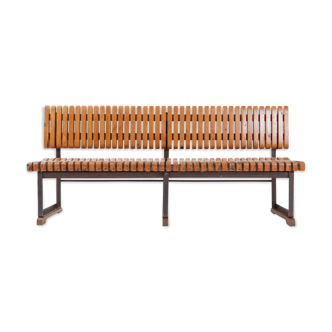 Industrial bench with seating and slatted back - 1950s