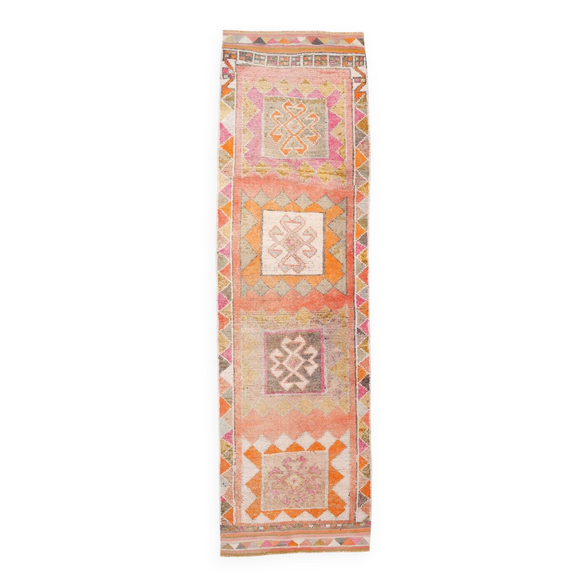 Tapis couloir kilim vintage , Orange, rose et beige boho pastel, 98x332 Cm