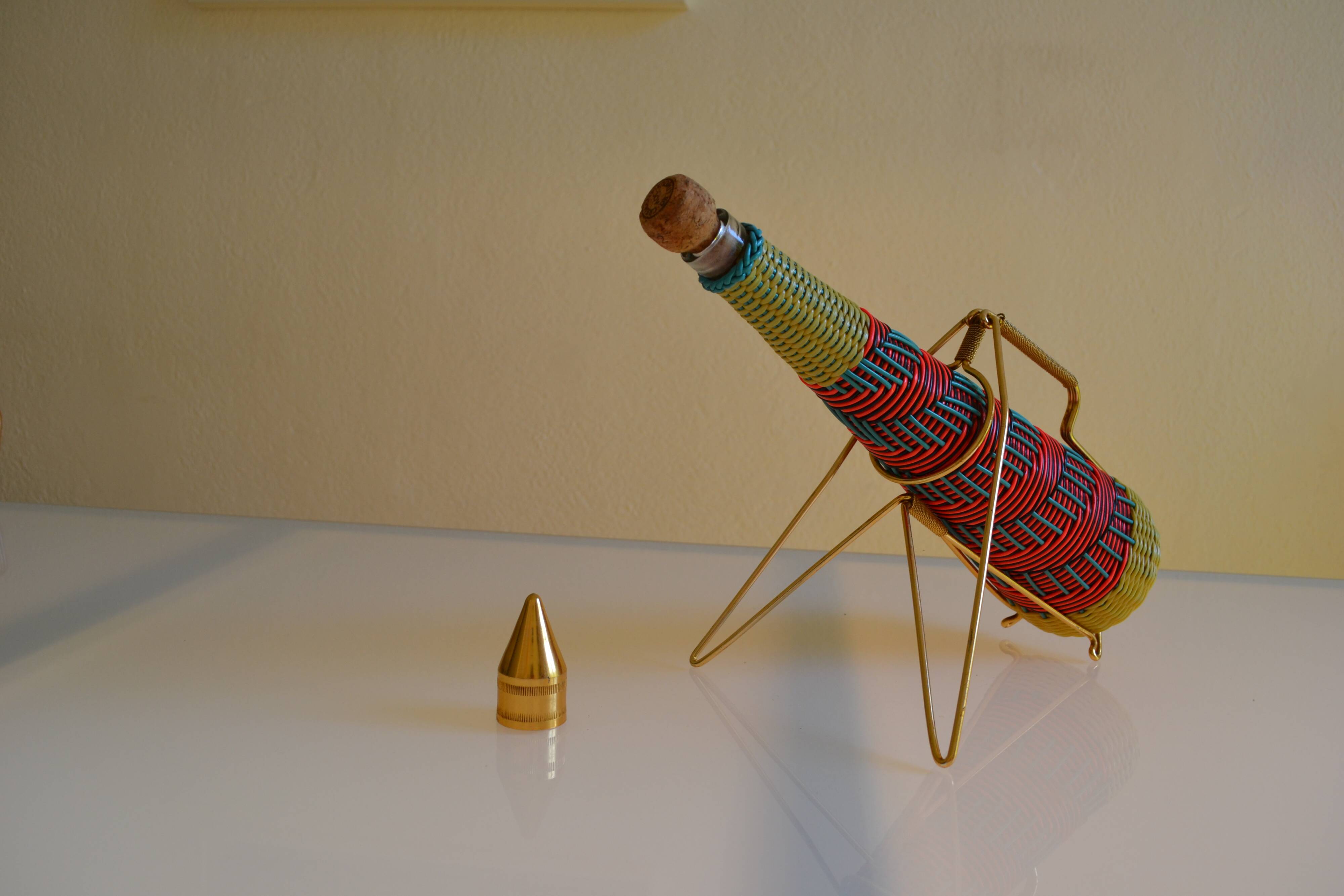 Scoubidou bottle or carafe and its Spoutnik Rocket support Space Age